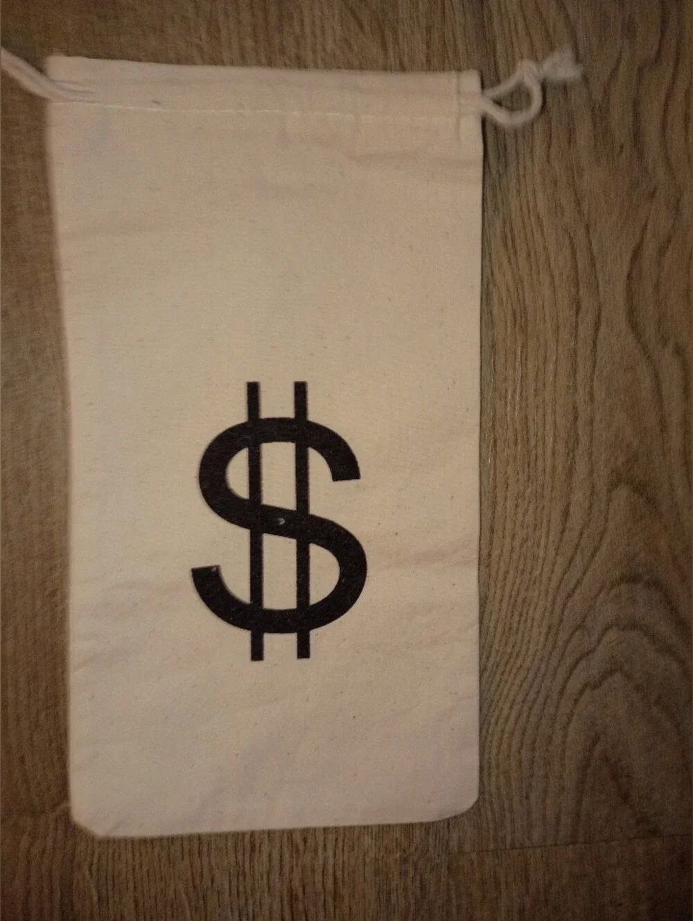 Canvas Drawstring Money Bag - Natural with Black Dollar Print